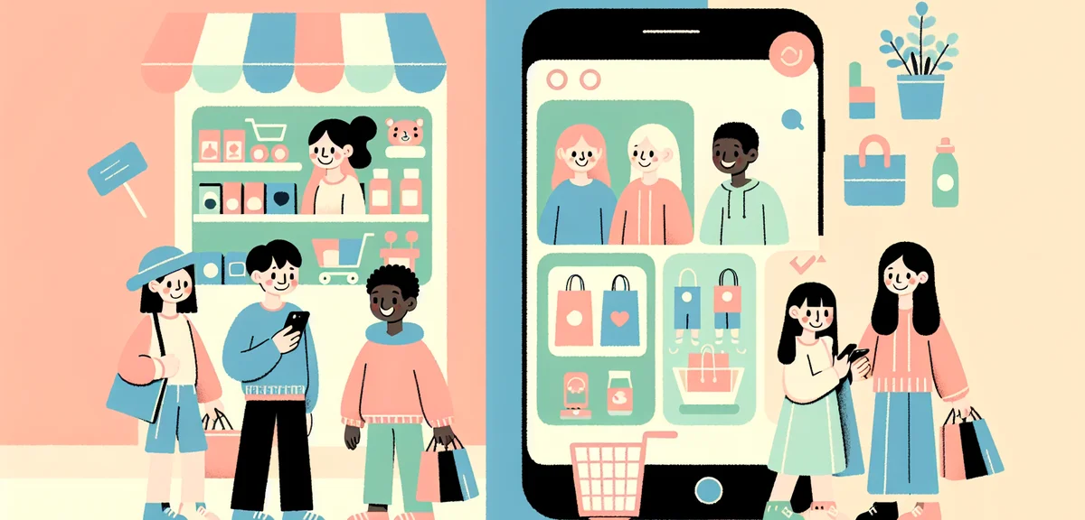 Split screen showing physical GU store on left side with shoppers and online store on smartphone scr