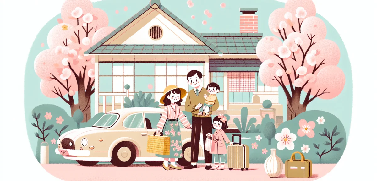 Happy family loading luggage into car in front of Japanese house on a sunny spring morning, travel d
