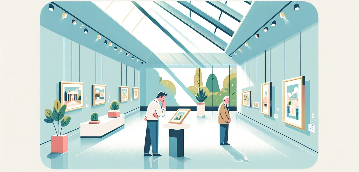 Quiet museum gallery interior with one visitor contemplating artwork on weekday, spacious modern exh