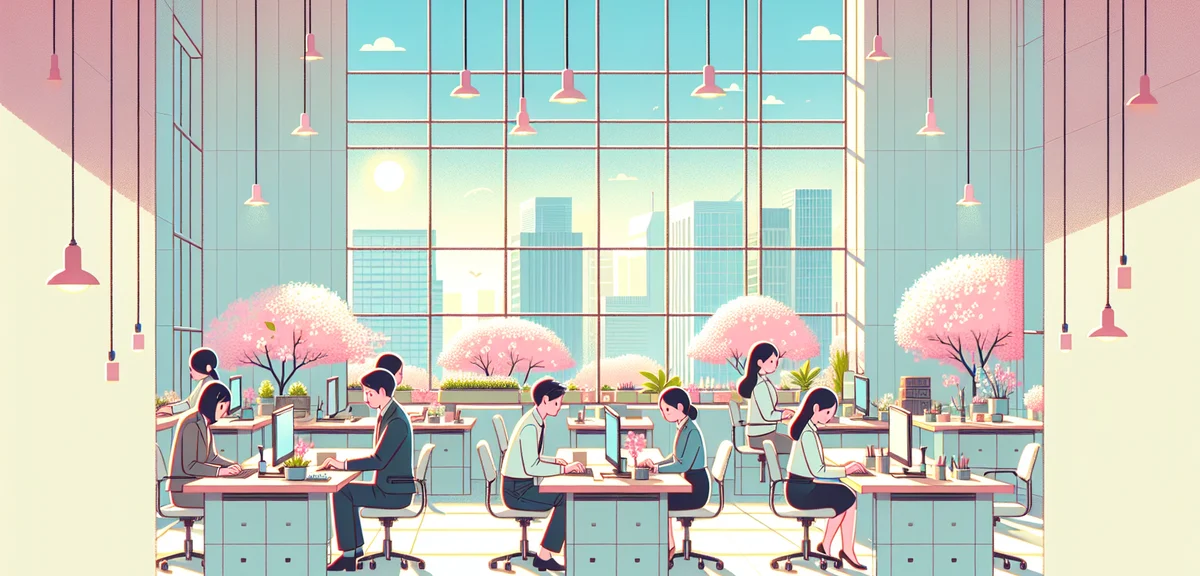 Peaceful Japanese office environment with few workers at desks, large windows showing spring citysca
