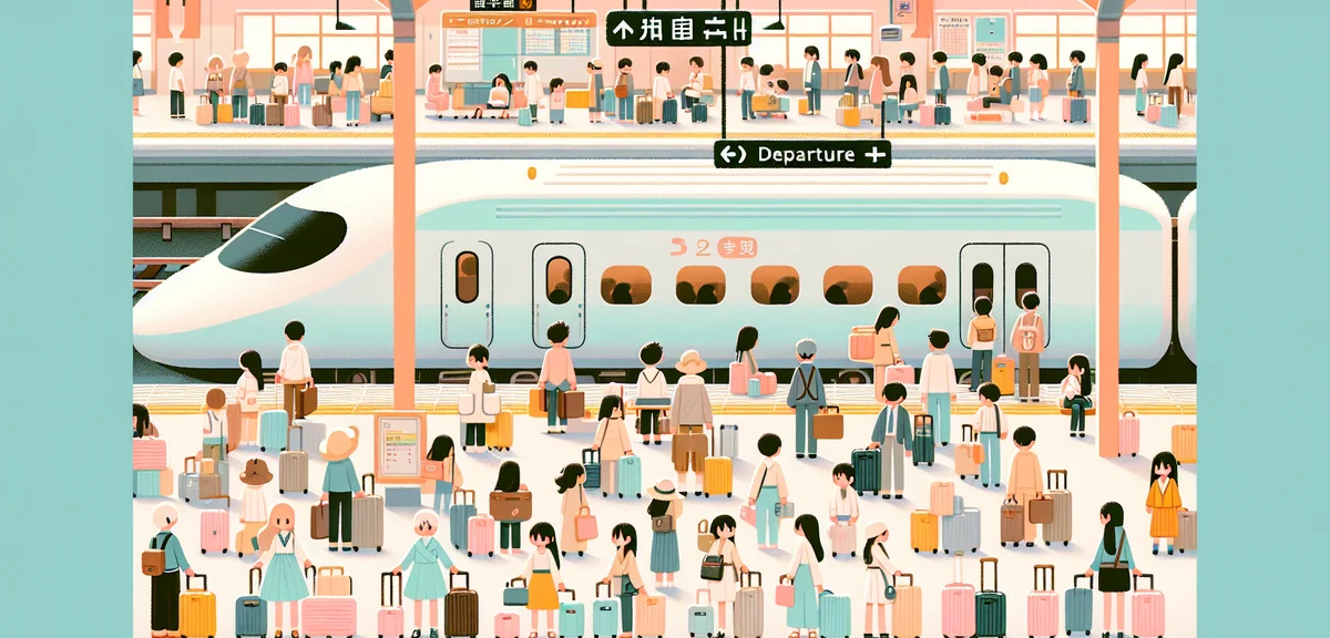 Crowded Shinkansen platform at Tokyo Station with passengers queuing for Tohoku Shinkansen departure