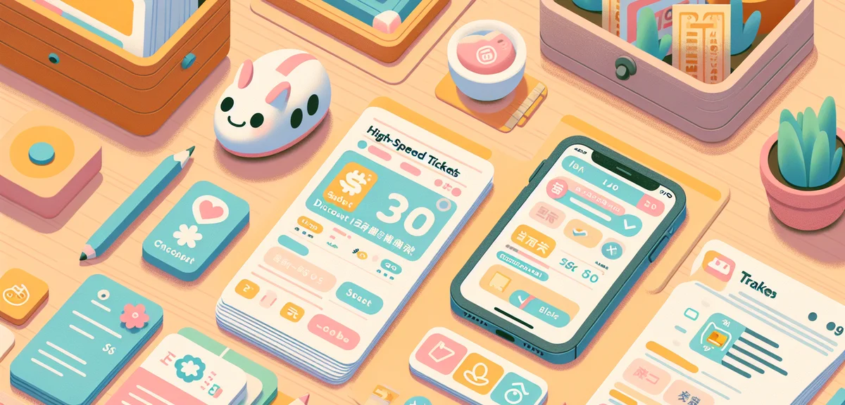 Close-up of Shinkansen tickets on desk next to smartphone showing discount booking confirmation, Jap