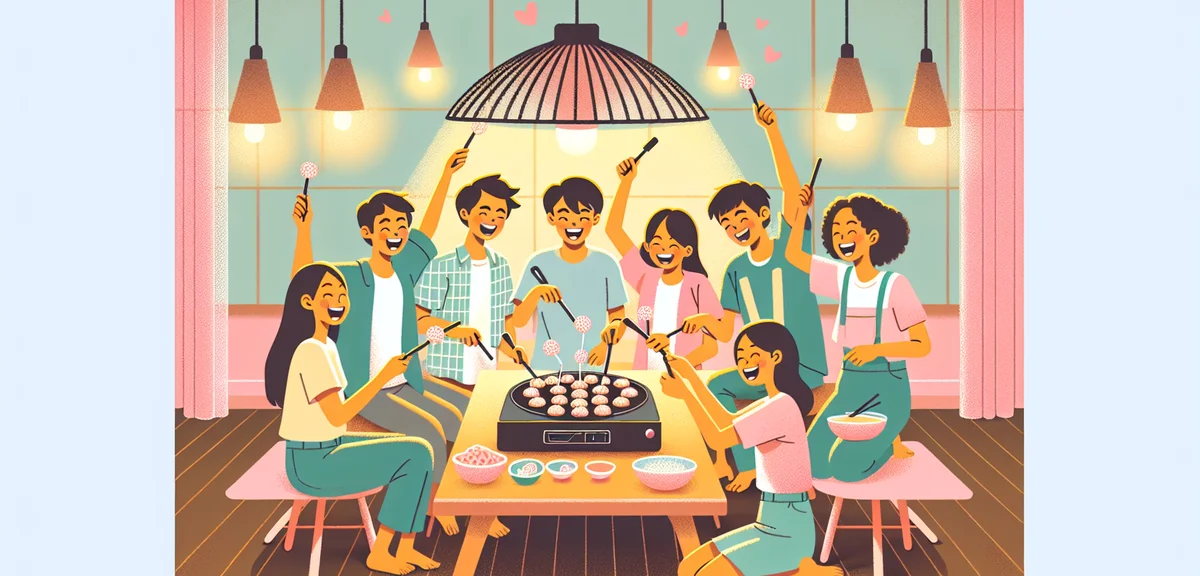 Japanese teenagers having a takoyaki party at home, round takoyaki grill on table, everyone using ta