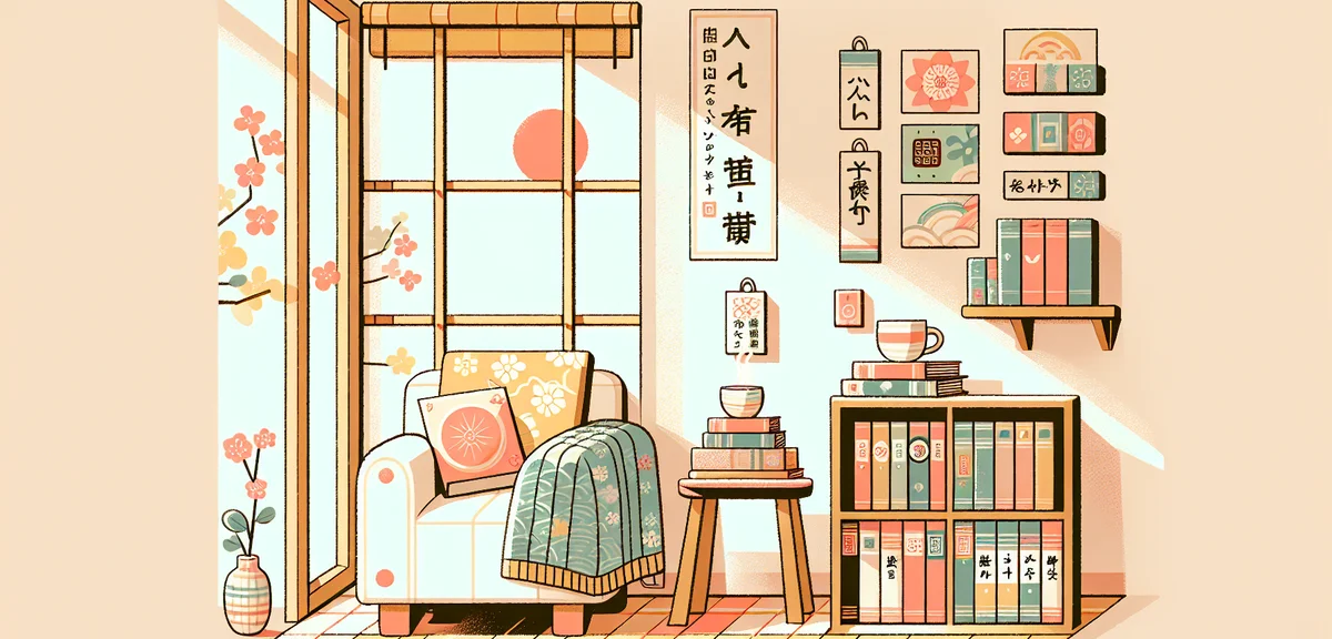 Cozy reading corner with stack of Japanese books, warm blanket on chair, spring sunlight through win