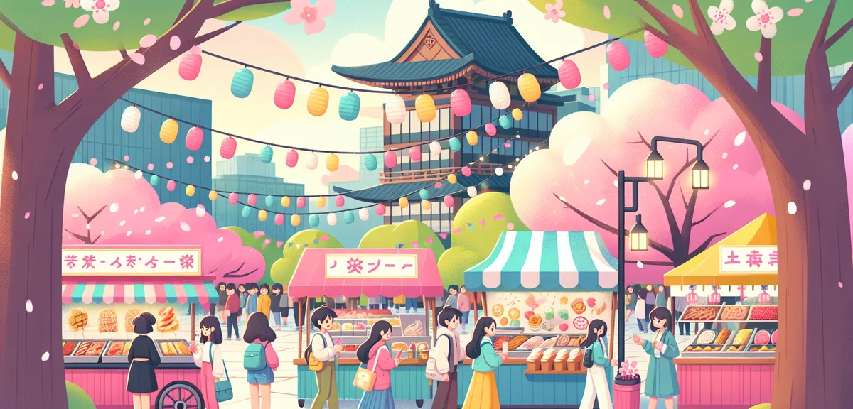 Japanese spring festival in park with food stalls and young people browsing, colorful festival banne