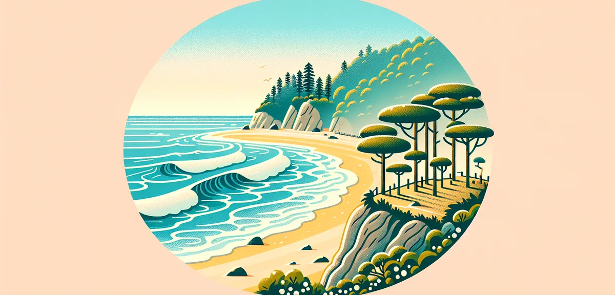 Katsura-hama beach in Kochi with Pacific Ocean waves crashing on curved shoreline, pine trees on cli