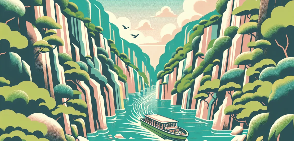 Oboke Gorge in Tokushima with emerald green river flowing between dramatic rocky cliffs, excursion b