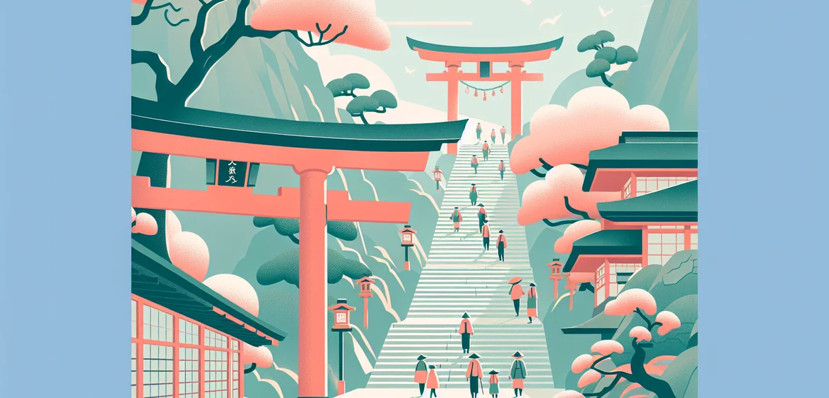 Kotohira-gu shrine (Konpira-san) stone steps with visitors climbing, spring green trees lining path,