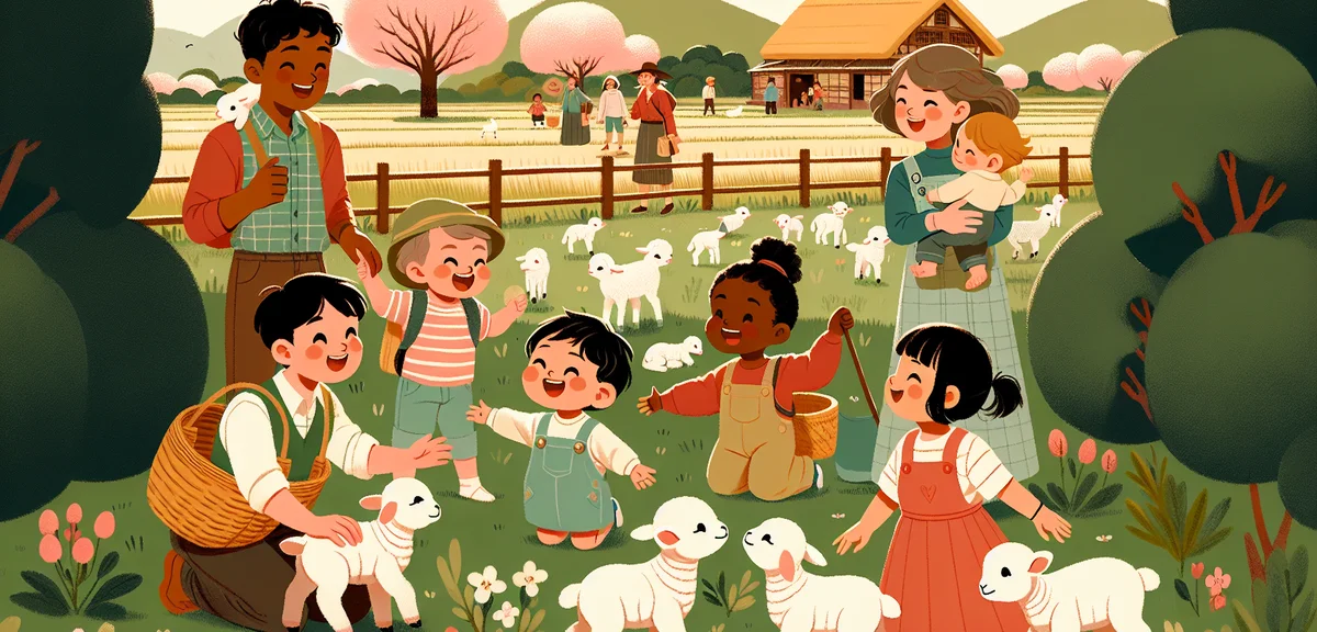 Children petting and feeding baby sheep at Japanese farm, adorable lambs, families smiling, green pa