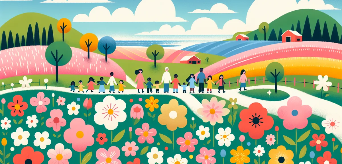 Vast field of bright colorful flowers with rolling green hills, families walking through flower path