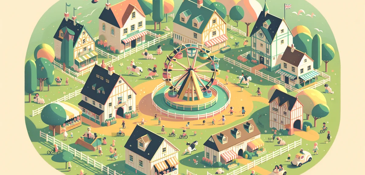 Aerial view of farm amusement park with small rides, families with children enjoying attractions, gr