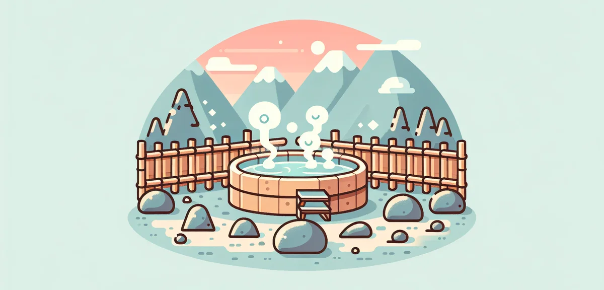 Traditional Japanese onsen (hot spring) outdoor rotenburo bath with steam rising, mountain view back