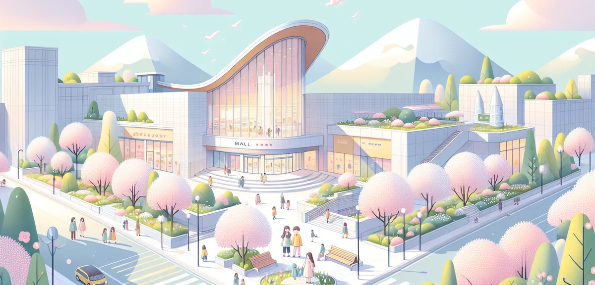 Nasu Garden Outlet shopping mall exterior with spring flowers, families shopping, modern architectur