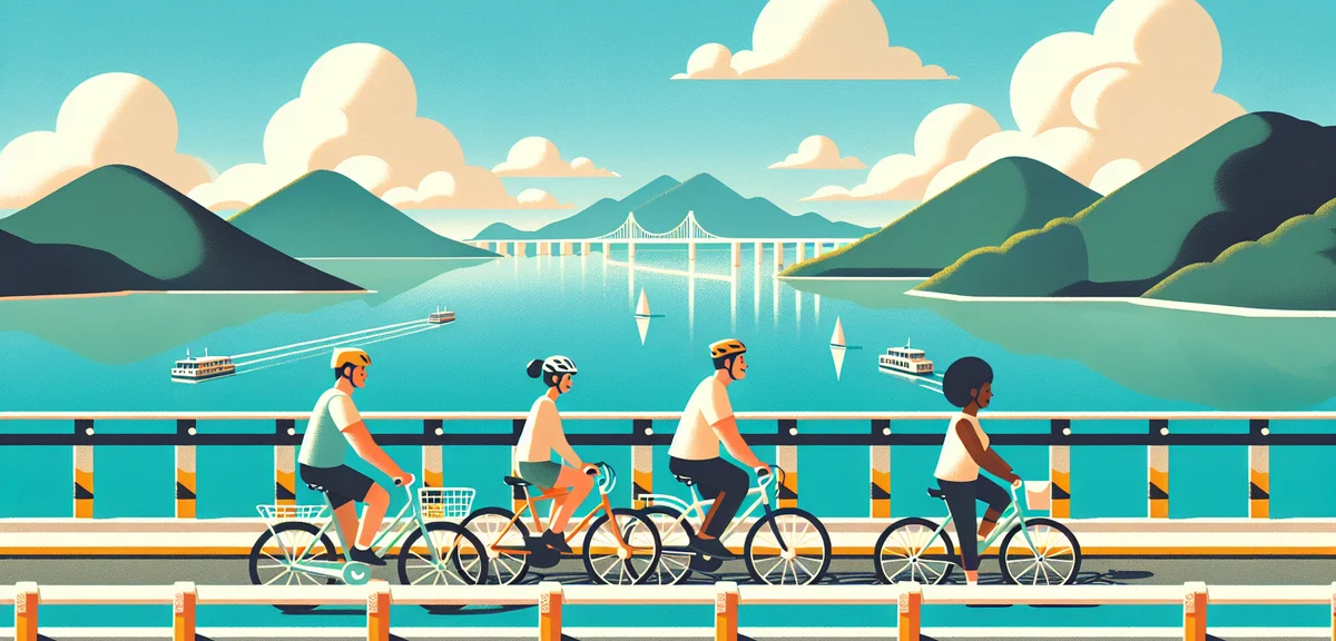 Shimanami Kaido cycling path on a bridge over turquoise Seto Inland Sea, spring sunny day with white