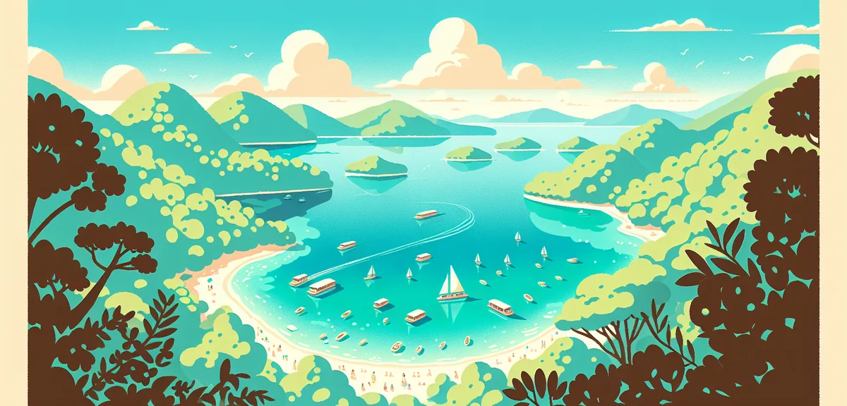 Kabira Bay panoramic view from elevated viewpoint, crystal clear turquoise and emerald water, small 