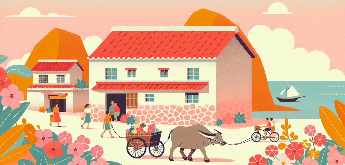 Taketomi Island traditional Okinawan village, red-tile roofed houses behind coral stone walls, water