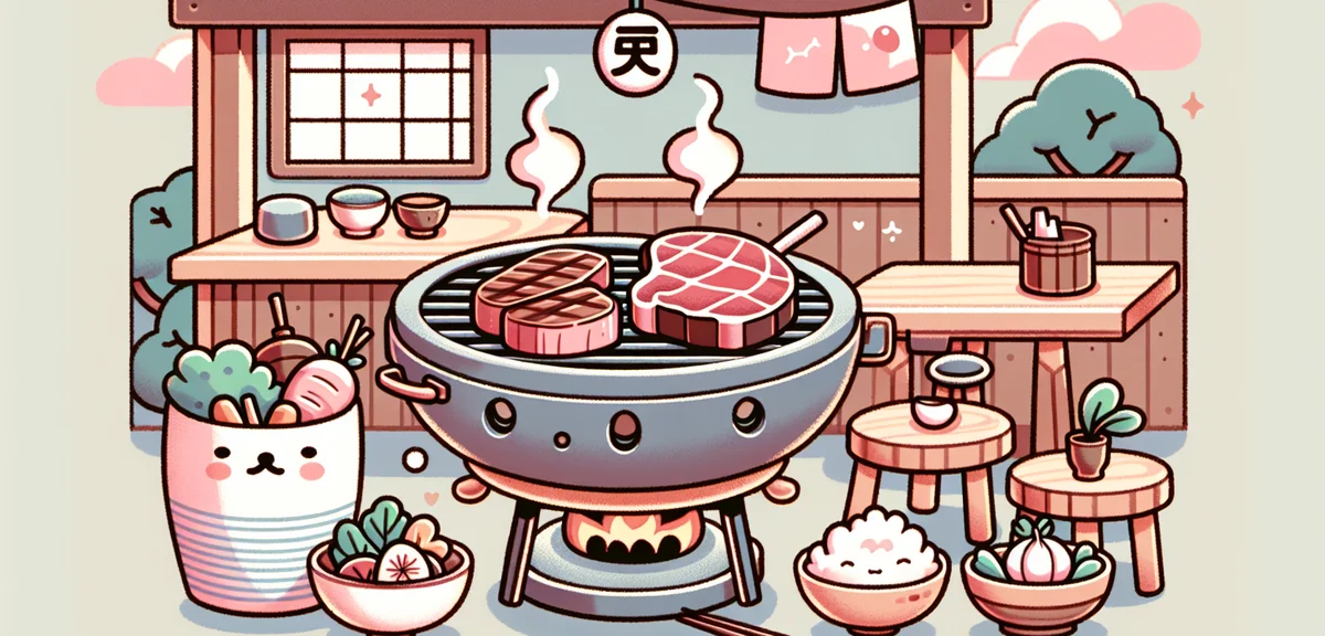 Ishigaki beef yakiniku being grilled on a charcoal grill, beautifully marbled wagyu slices, side dis