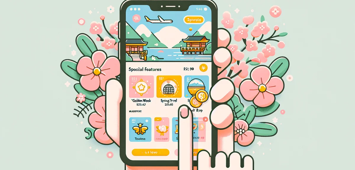 Smartphone showing Japanese travel booking app with GW special feature page, colorful banners with s