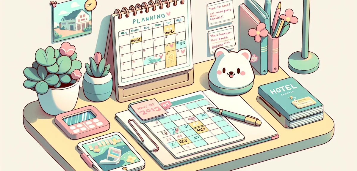 Calendar on desk showing March and April months with circled dates and handwritten notes about hotel