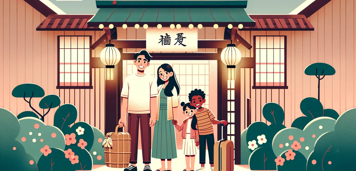 Happy Japanese family arriving at traditional ryokan inn entrance with luggage, warm welcoming atmos