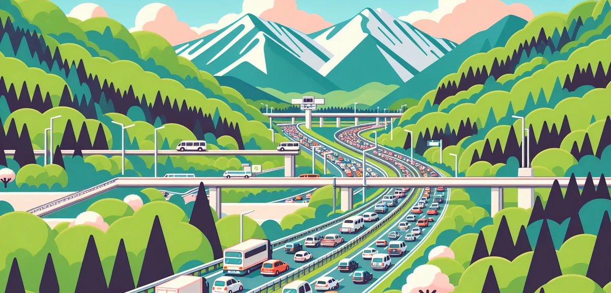 Heavy traffic congestion on a mountain highway approaching Karuizawa interchange, long line of cars,