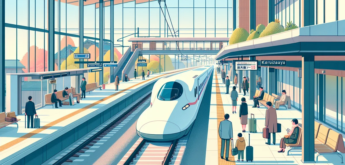 Shinkansen bullet train arriving at Karuizawa station platform, passengers waiting, modern station i