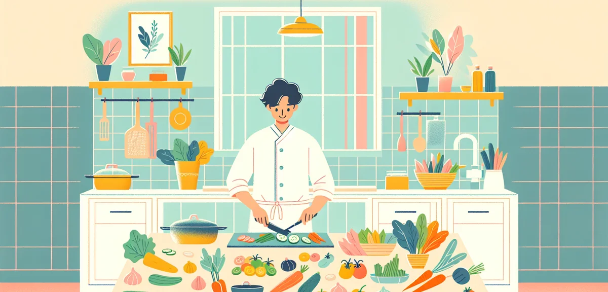 Home cooking scene with colorful ingredients on kitchen counter, person preparing food, spring veget