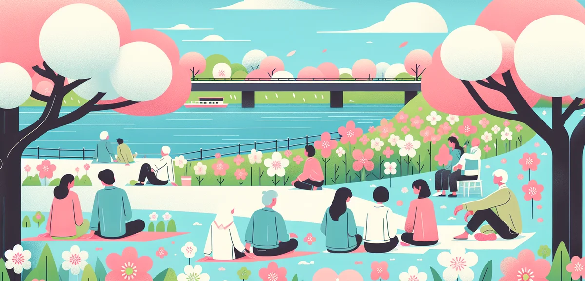 People enjoying a peaceful walk along a riverside path with spring flowers blooming, clear blue sky,