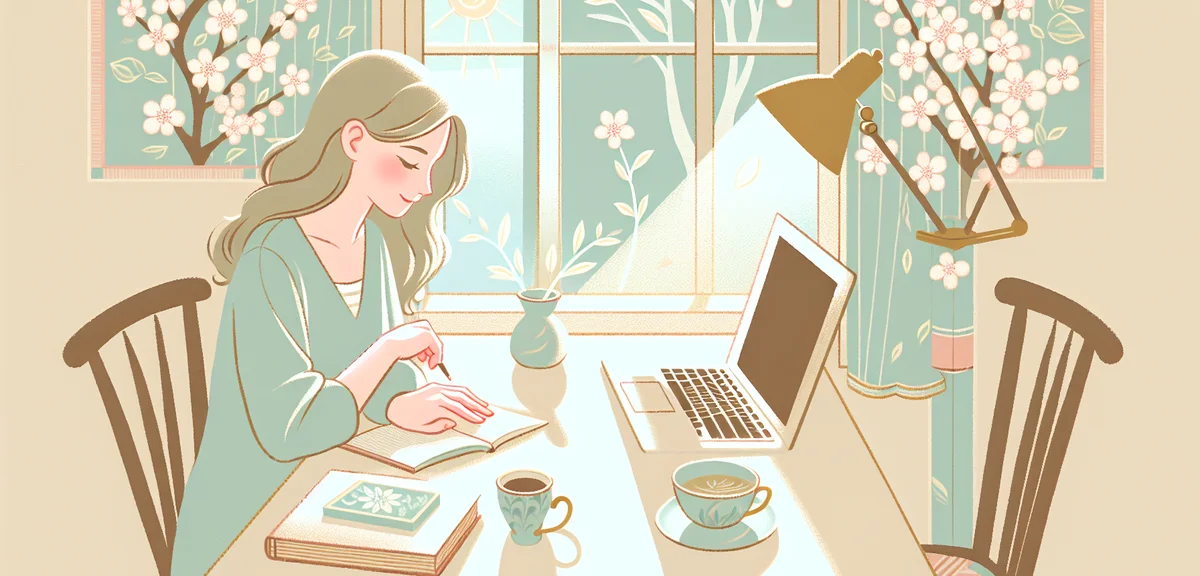 Person studying at a clean desk with laptop and notebook, coffee cup, spring sunlight through window