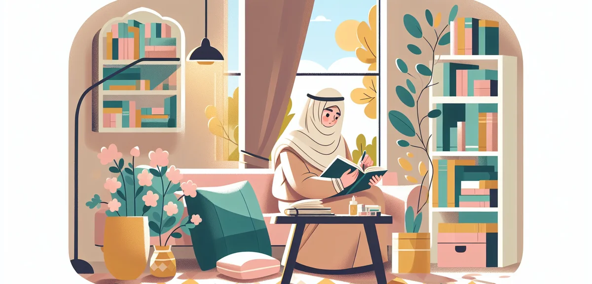 Person reading a book and taking notes in a cozy library corner, warm lighting, spring greenery visi