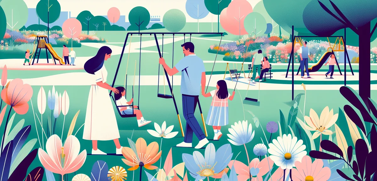 Family enjoying free outdoor park with spring flowers and playground, happy casual atmosphere, green