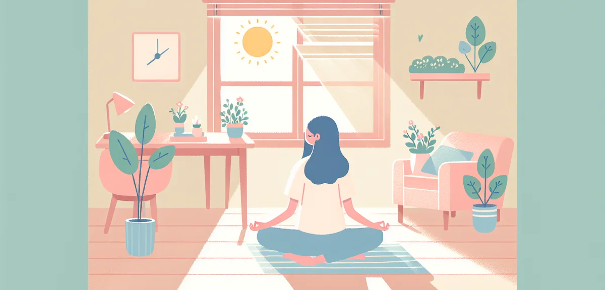 Person meditating in a calm room with spring morning light, minimal clean interior, plants on window