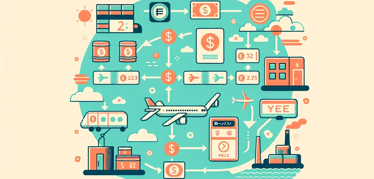 Infographic showing fuel surcharge calculation process, from oil barrel to airplane to price tag, cl