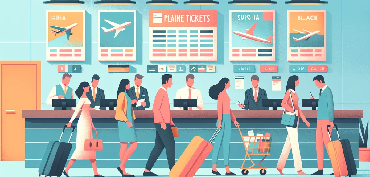 Japanese travelers rushing to buy airline tickets at travel agency counter, busy atmosphere, modern 