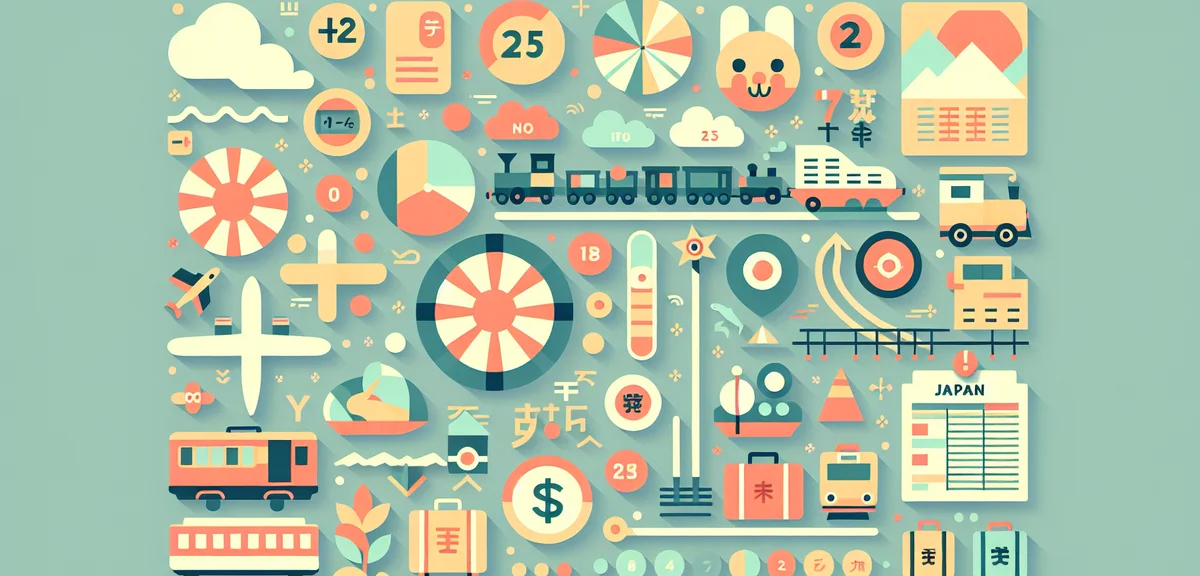 A colorful infographic-style illustration showing Japan travel statistics with icons of planes, trai