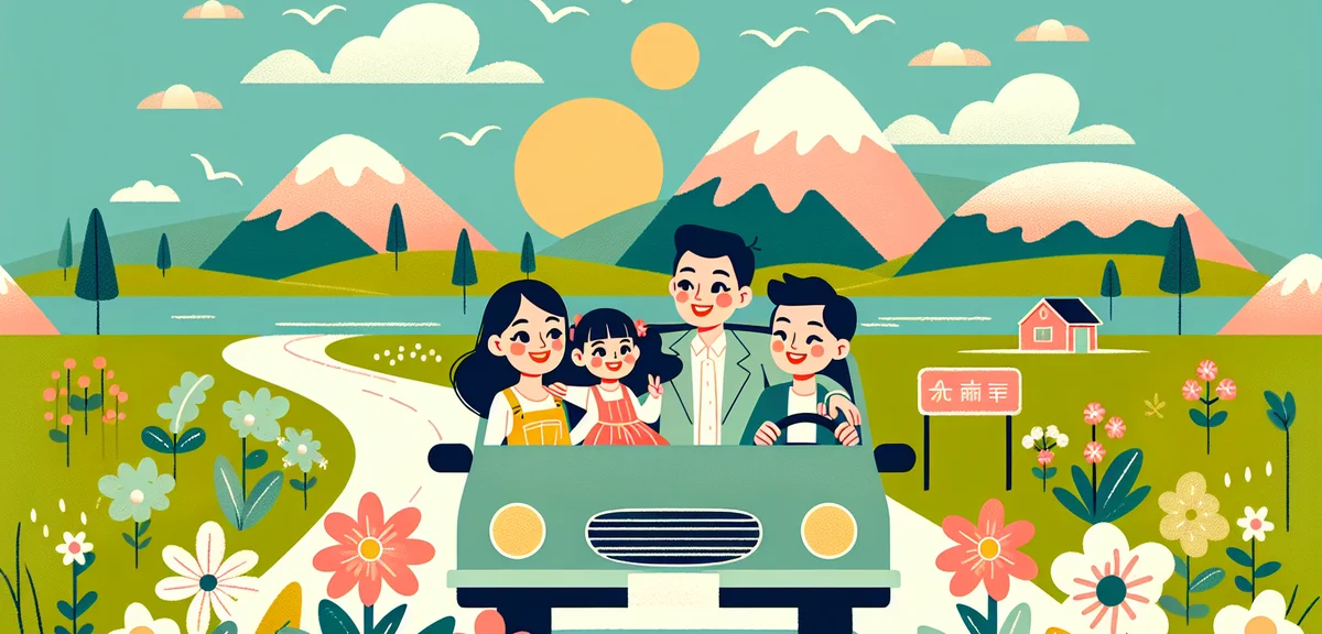 Japanese family driving a car through scenic countryside with green mountains and blue sky, spring f