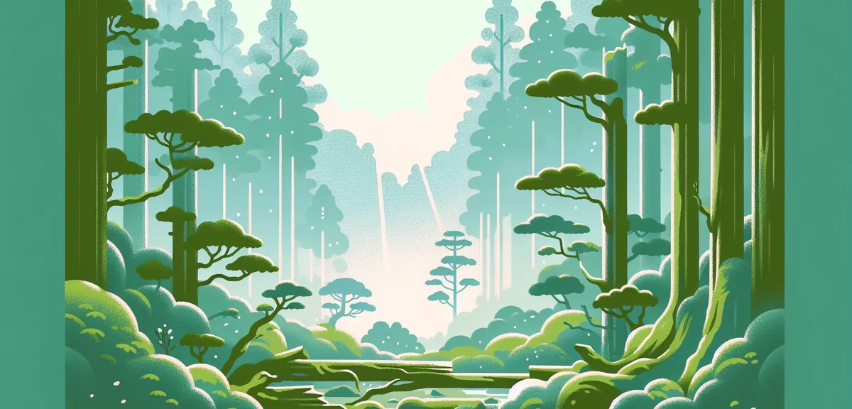 Stunning view of Yakushima ancient cedar forest with mystical morning fog, lush green moss-covered t