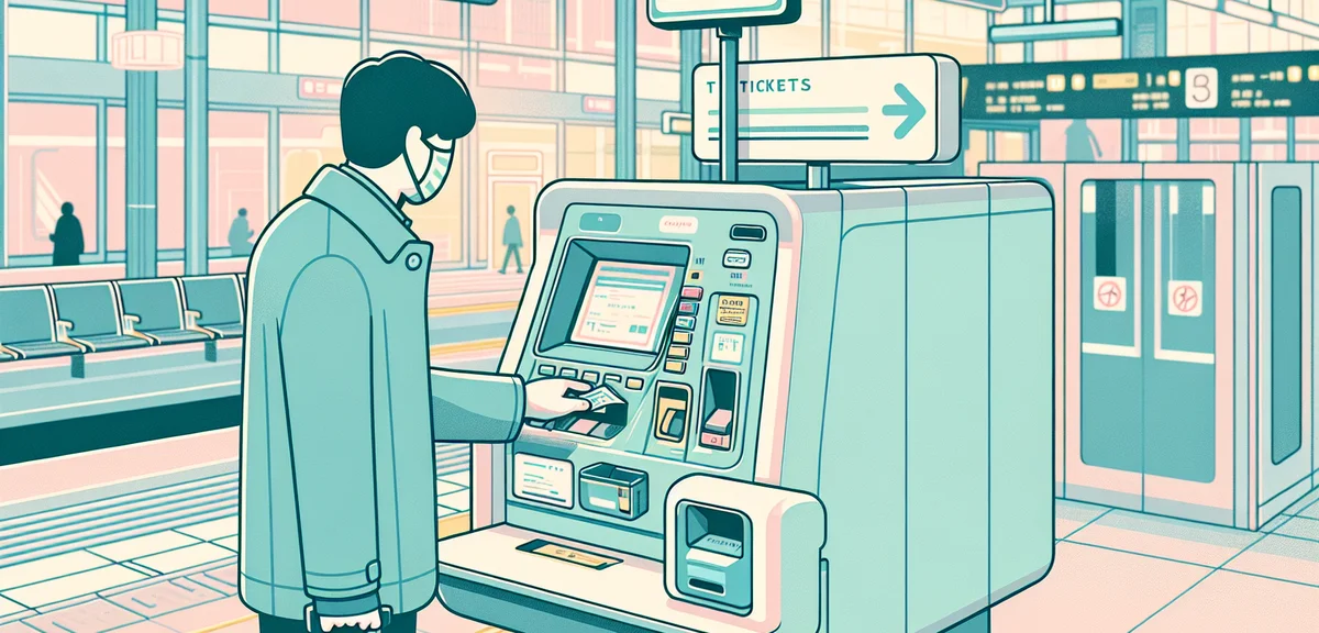 Close-up of a Japanese train ticket machine (midori-no-madoguchi) at JR station with a person purcha