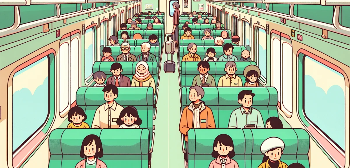 Interior of a full shinkansen train car with all seats occupied and a few passengers standing in the