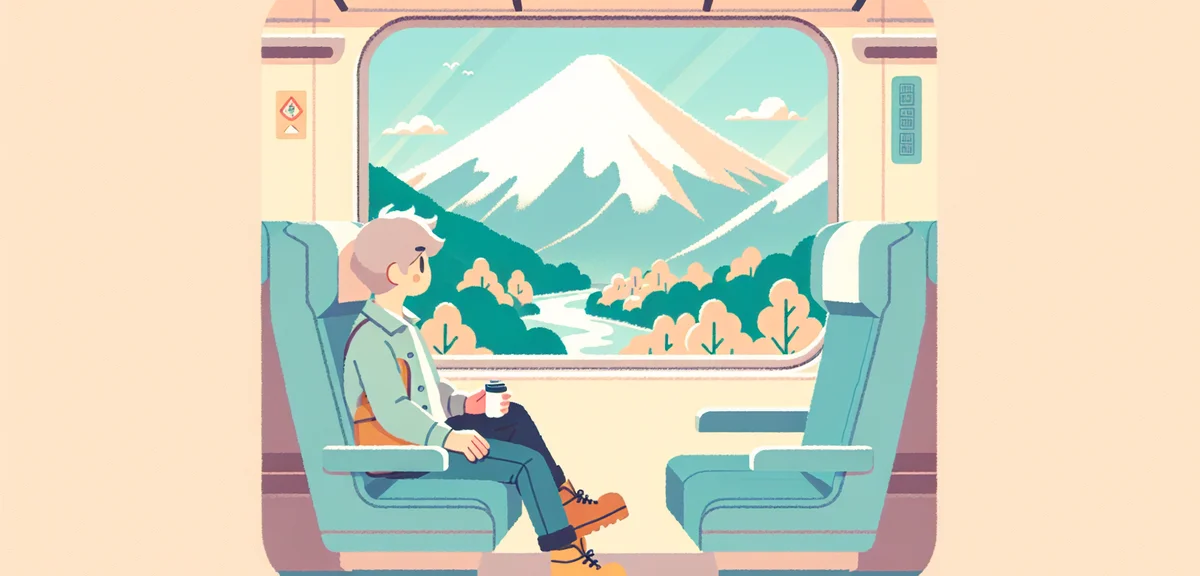 A happy traveler sitting comfortably on a shinkansen with Mount Fuji visible through the window, bri
