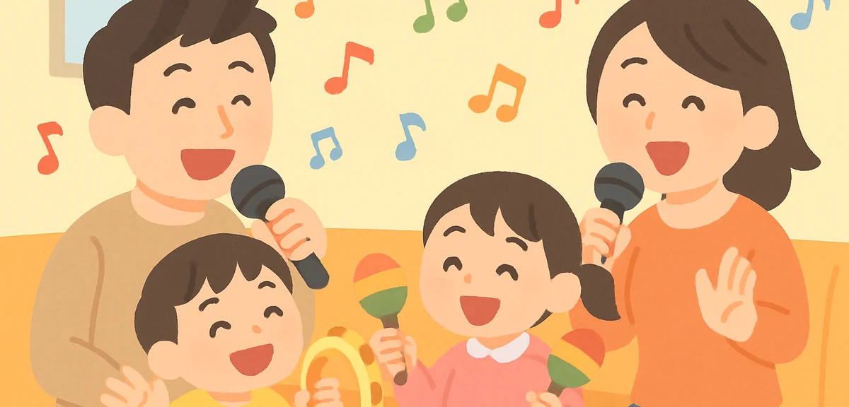 Japanese family with young children happily singing together in a bright colorful karaoke room, tamb
