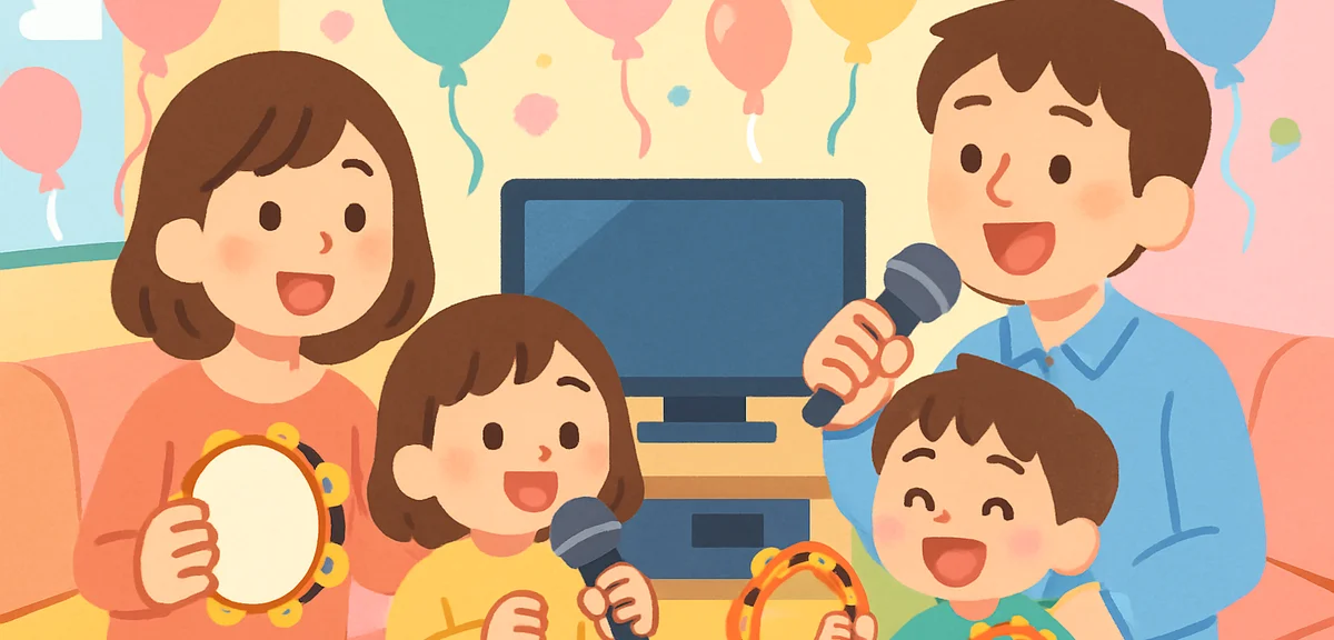 Japanese family with young children in a spacious colorful kids karaoke room, balloons, tambourines,