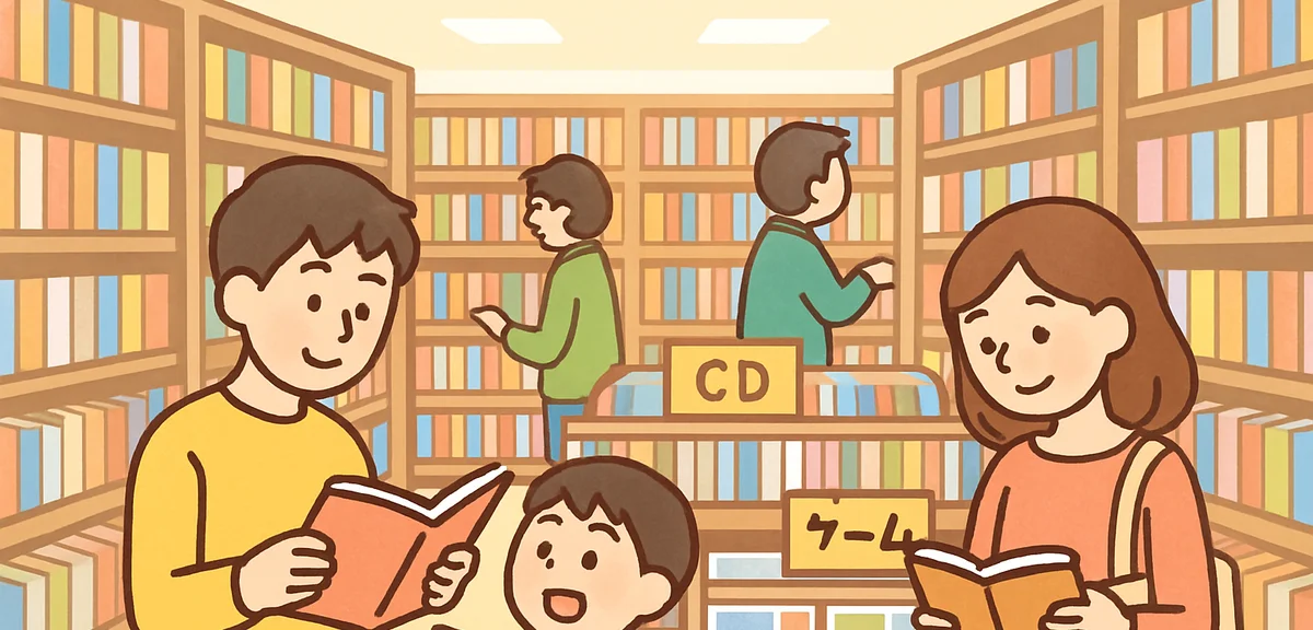 Interior of a large Japanese second-hand bookstore during Golden Week, shelves packed with books, CD