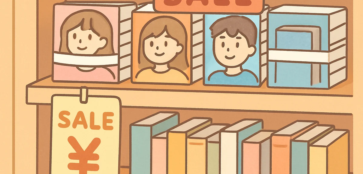 Close-up of used manga and books on discount shelves with sale tags, Japanese second-hand shop atmos