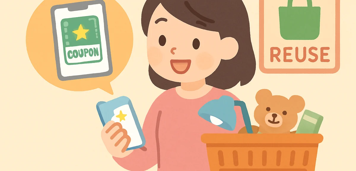 Person using a smartphone app in a Japanese reuse store, checking coupons while holding a basket of 