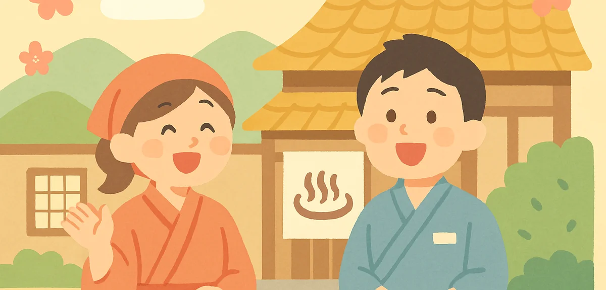 Young Japanese staff working at a hot spring resort ryokan during Golden Week, cheerful atmosphere, 