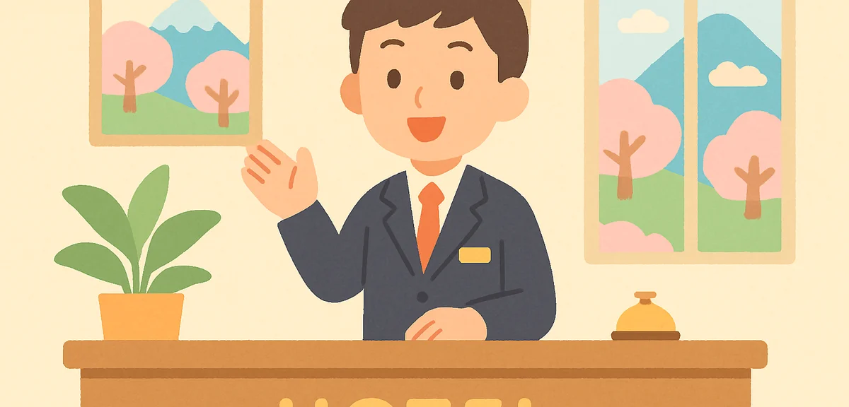 Hotel front desk in Japanese mountain resort, spring season, professional service by young staff