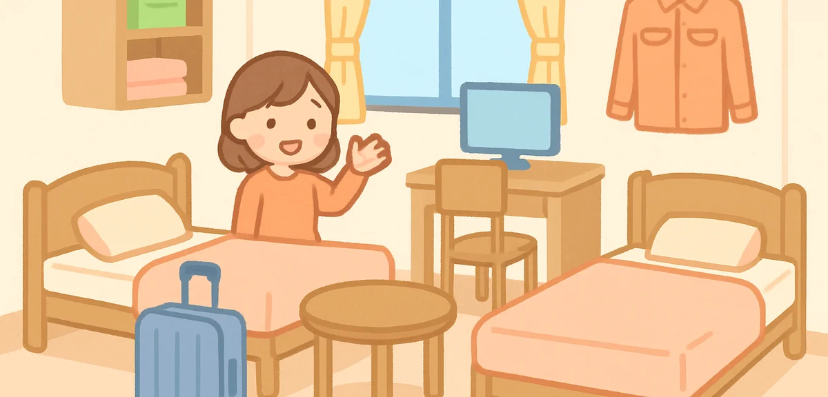 Staff dormitory room in Japanese resort, tidy shared living space, suitcase and work uniform visible