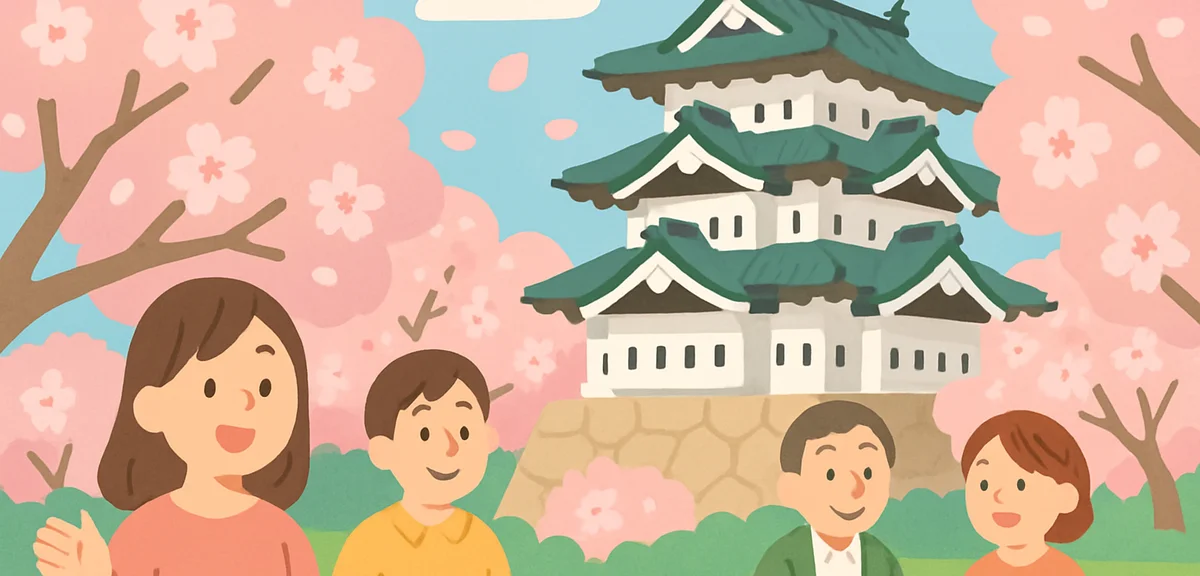 Cherry blossoms in full bloom at Hirosaki Castle in Aomori during Golden Week, pink petals, traditio