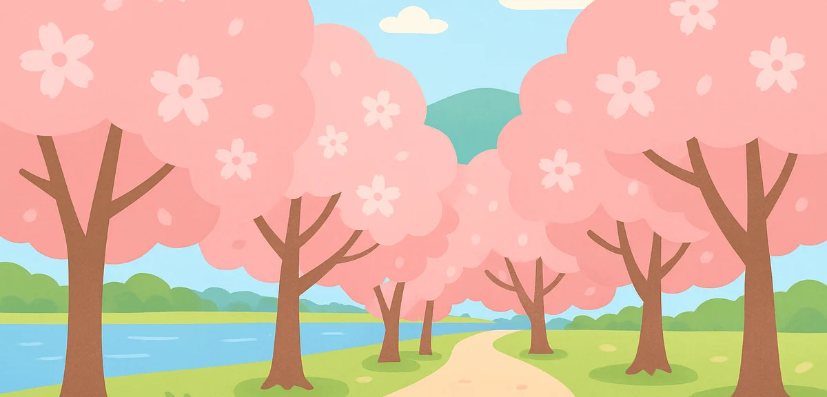 Kitakami Tenshochi park with cherry blossom tunnel and Kitakami river in background, Iwate spring sc